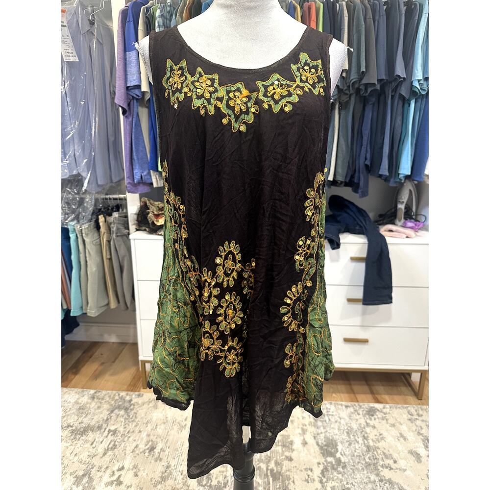 Sunflower Women's Sleevelss Tunic Dress Black Yellow Floral OS Semi Sheer